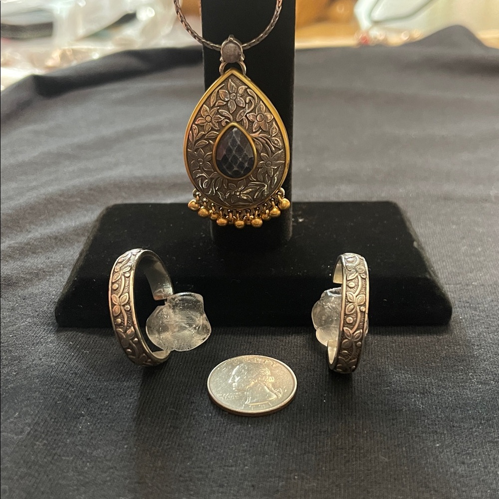 Elegant Brass and Silver Pendant Necklace & Silver Hoop Earrings